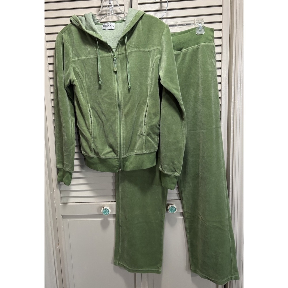 Vintage Donna Velour Sweat Suit Green Zip Jacket Straight Leg Pants Size‎ Medium